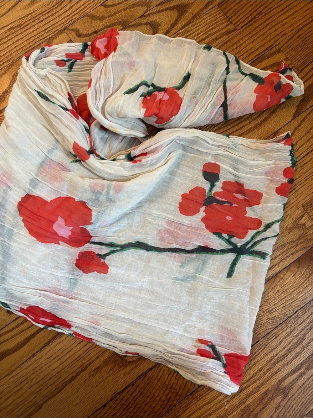 White Scarf with Red Floral Print